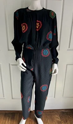 Macacão Vintage 1980 Lillie Rubin Preto 100% Seda Floral Tamanho G - Imagem 1 de 4