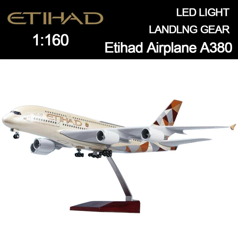 1/160 Etihad Airlines Airbus A380 Airplane Model Resin Aircraft Plane W/ Lights - Image 1 of 4