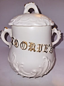 Vintage Small 1960s Cookie Jar With Gold Lettering 7.5" Tall with Handles - Picture 1 of 13