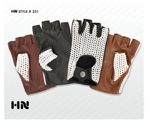 MEN'S LEATHER DRIVING GLOVES HAND KNITTED COTTON CROCHET VINTAGE RETRO HERITAGE - Picture 1 of 5