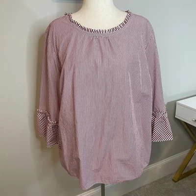 Talbots Red White Stripe Ruffle Neck Bell Sleeve Festive Mature Holiday Tunic 3X - Image 1 of 4