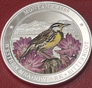 1 OZ SILVER MONTANA 1889 COLORIZED STATE BIRD WESTERN MEADOWLARK - Picture 1 of 2