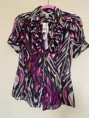 Diane Von Furstenberg 真丝上衣衬衫褶边短袖纽扣 NTW 尺寸 2 — 第 1/4 张图片