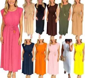 Womens Sleeveless Padded Shoulder Maxi Dress Tie Waist Long Summer Pleated Dress - Picture 1 of 11