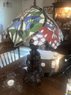 Orchids And Butterflies Tiffany Styled Stained Glass Lamp With Teddy Bear Base - Image 1 of 4