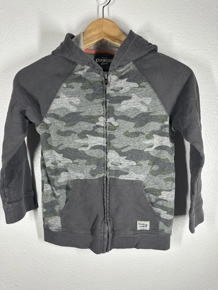 OshKosh B'gosh Hoodie Boys 8 Gray Green Camo Full Zip Raglan Kangaroo Pocket - Image 1 of 4