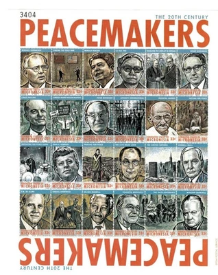 Micronesia 2000 pacificadores Gandhi, JFK hoja de recuerdo de 24 estampillas Scott #379 Foto 1 de 2