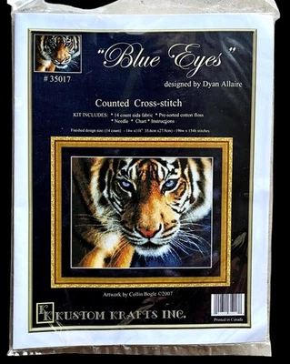 Kustom Krafts~ 35017~BLUE EYES TIGER~ Punto de Cruz Contado~ 14" X 11"~NUEVO SELLADO Foto 1 de 2