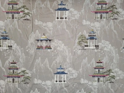 P Kaufmann IMPERIAL PALACE TEASTAIN Chinoiserie Asian Embroidery Pagoda Fabric - Image 1 of 3