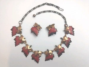 Vintage emailliertes Kupfer Blatt Halskette & Ohrring Set Renoir/Matisse Stil - Bild 1 von 5