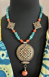 Golden bronze enameled Tibetan Nepalese Ghau With Turquoise And Coral Necklace. - Picture 1 of 18