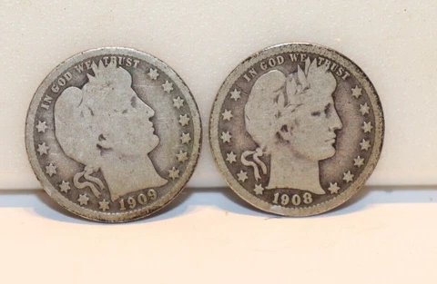 1908 D, 1909 D US Barber Silver Quarters 25c Good Cover