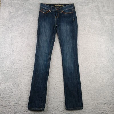 Pantalones de mezclilla Cache para mujer 0 azul recto tiro bajo bolsillos adornados azteca Ikat Foto 1 de 4