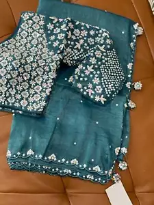 Teal Crush Russian Silk Saree with Heavy Blouse - Picture 1 of 5