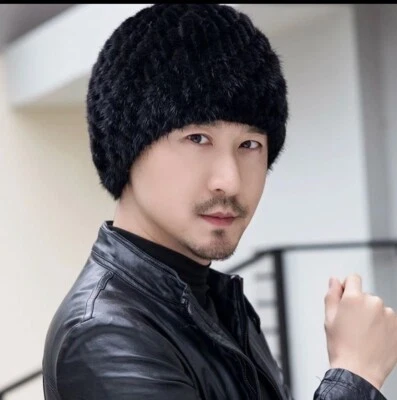 Sombrero de piel de visón real para hombre invierno cálido tejido gorros elásticos al aire libre esquí sombrero  Foto 1 de 2