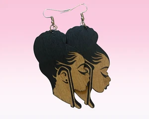 Natural Hair Updo Ponytail African Wooden Dangle Earrings Black Woman - Picture 1 of 6