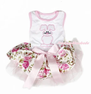 Easter Rabbit White Sleeveless Light Pink Floral Rose Skirt Dog Dress Pet Outfit - Picture 1 of 1