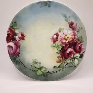 Limoges, Francia, Plato de porcelana pintado a mano con rosas rosas rosas y oro... - Imagen 1 de 15
