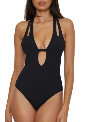 Traje de baño de una pieza Becca X6922 borde moderno acanalado cuello hundido, negro, S Foto 1 de 3