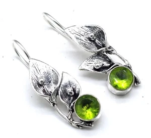 925 Sterling Silver Peridot Green Gemstone Wolf Jewelry Earrings Size-3.8cm - Picture 1 of 9