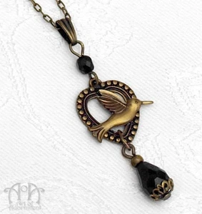 Victorian Bronze Black HUMMINGBIRD PENDANT NECKLACE Antiqued Brass Steampunk - Picture 1 of 3