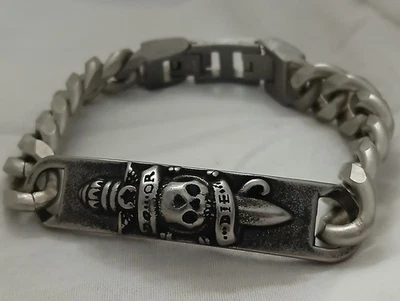 Gothic Style Men's Stainless Steel Do Or Die Skull and Dagger Curb Bracelet - Image 1 of 4