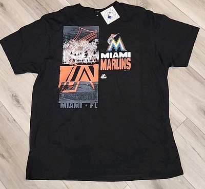 Majestic Miami Marlins MLB Men's 2XL Black Graphic Print Short Sleeves Ring Spun - Image 1 of 4