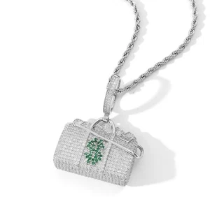 Silver Duffel Bag Pendant Necklace – Alloy & Resin | Green Dollar Sign Design - Picture 1 of 2