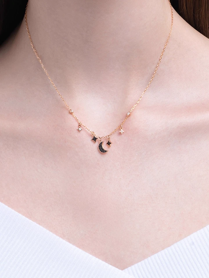 Swarovski Crystal Duo Moon Necklace Black Rose Gold Plating 5429737