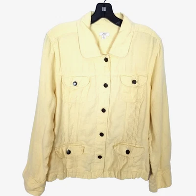 J.Jill Women's Yellow Linen Jacket Sz L Button Up Pockets Casual Summer Boho - Image 1 of 4
