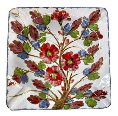 "Cuenco para servir de cerámica italiana 9,25"" cuadrado 1,75"" rojo profundo y azul borde dorado floral" Foto 1 de 4