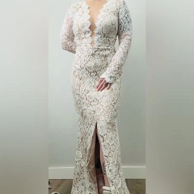 BHLDN x Tadashi Shoji Miraval Wedding Gown floral lace nude v cut long sleeve - Image 1 of 4