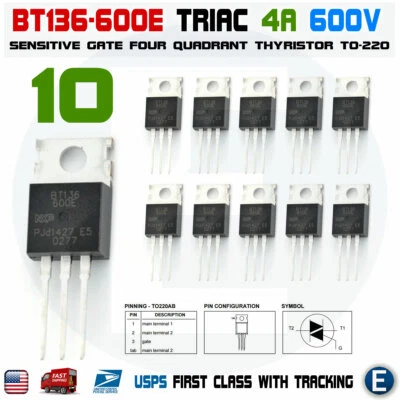 10 piezas BT136-600E BT136 Triac 600V puerta sensible conmutación bidireccional 4A EE. UU. Foto 1 de 2