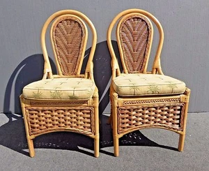 Pair Tommy Bahama Style Rattan Bamboo Bentwood Accent Chairs Leather Bindings  - Picture 1 of 12