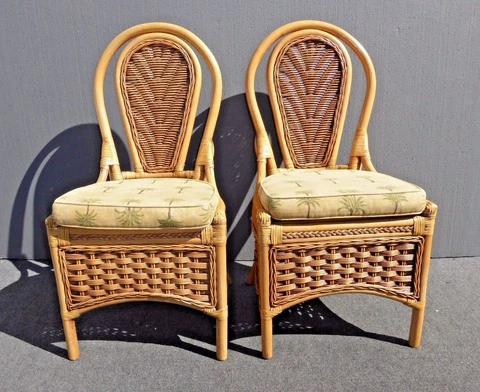 Pair Tommy Bahama Style Rattan Bamboo Bentwood Accent Chairs Leather Bindings Cover