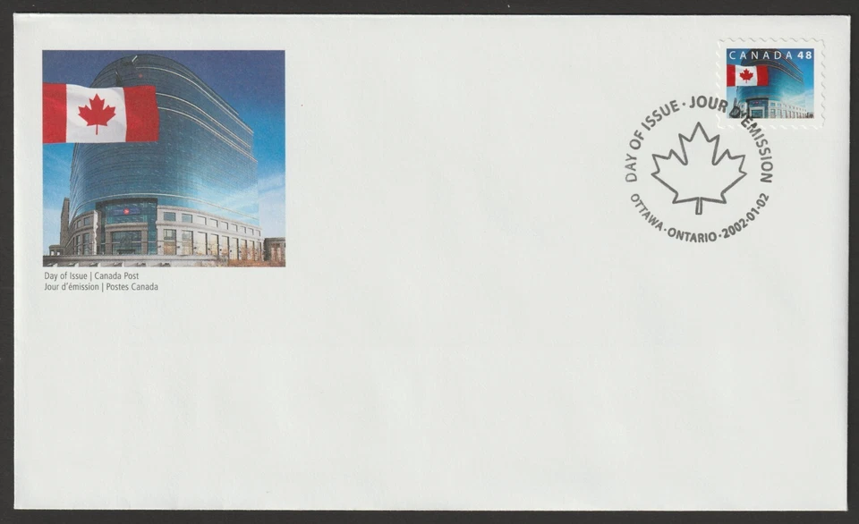 Canadá #1931, Bandera sobre la oficina central de correos de Canadá, cubierta del primer día, FDC 2002 Foto 1 de 1
