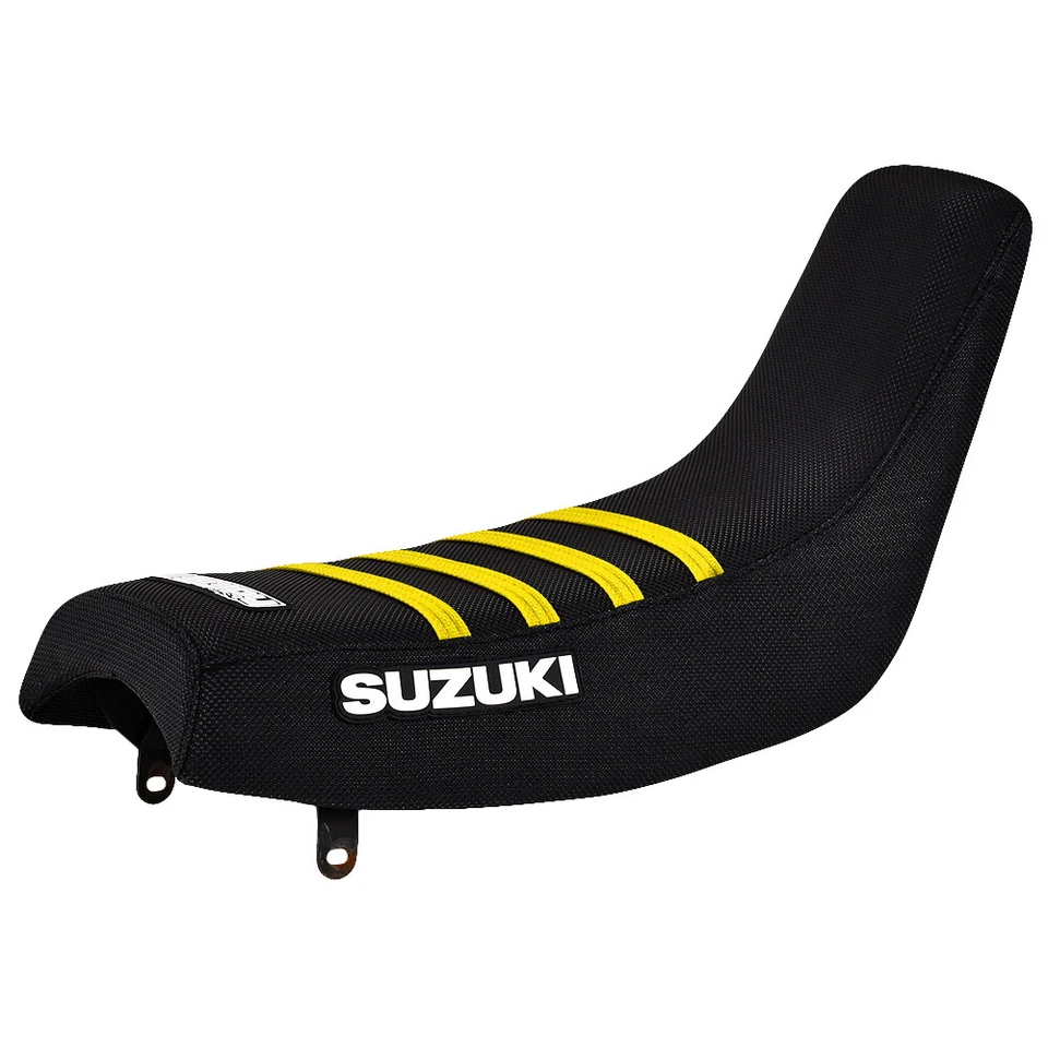 Cubierta de asiento con pinza Suzuki DS 80 1983-2000 LOGOTIPO DE COSTILLAS TODO NEGRO/AMARILLO #150 Foto 1 de 4
