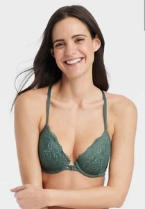 NWT~ Auden sz 36A Dark Green Fishnet Lace Racerback front close Bra plunge vv22 - Picture 1 of 6