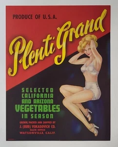 ADVERTISING Label Plenti Grand Watsonville California Vukasovich Pinup Girly - Picture 1 of 1