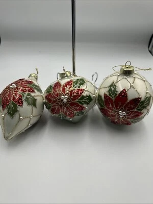 RAZ Imports Set Of 3 Christmas Ornaments Glittery Red Poinsettia NEW - Image 1 of 4