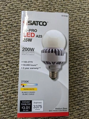 Satco S13100, 25W LED A23 Hi-Pro HID Replacement; 2700K; Medium base; 120-277V - Image 1 of 3