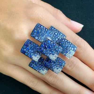 Особенности сапфир и белый CZ инкрустированные перекрывающиеся пластины волна океан кольцо - Изображение 1 из 4