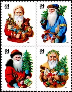USA 4 postfrische alte Welt Weihnachtsmann, Nikolaus mit Baum Spielzeug Weihnachtsmarken - Bild 1 von 1
