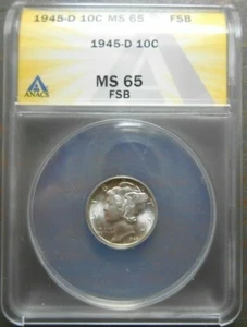 1945 D Mercury Dime  10c  ANACS  MS65 F.S.B.  - Picture 1 of 6