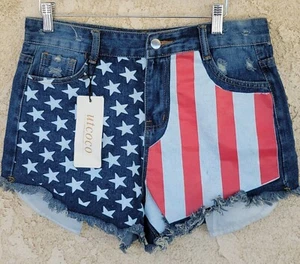 Damen Distressed Shorts Denim mit amerikanischer Flagge Muster Größe 10 - Bild 1 von 9