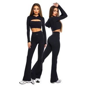 Womens High Waisted Flare Leggings, Trendy Flared Workout Yoga Pants, Black - Picture 1 of 12