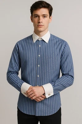 Camisa de vestir Donald Trump azul a rayas cuello blanco puños franceses talla 161/2 34/35 Foto 1 de 4