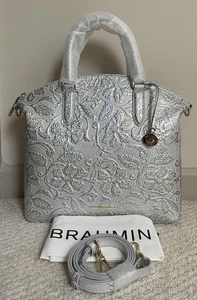 BRAHMIN ESTONIA Lg DUXBURY Lthr Satchel Bag CHROME Holographic Floral Silver NWT - Picture 1 of 12