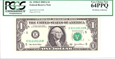2003A $1 FRN PCGS Very Choice New 64PPQ Fancy TRUE 0/1 BINARY Serial #E01110110B - Image 1 of 2