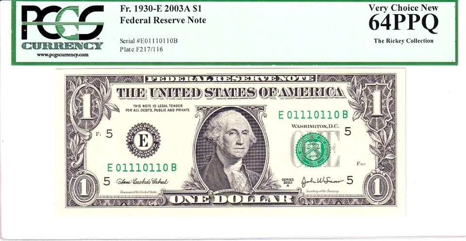 2003A $1 FRN PCGS Very Choice New 64PPQ Fancy TRUE 0/1 BINARY Serial #E01110110B - Image 1 of 2